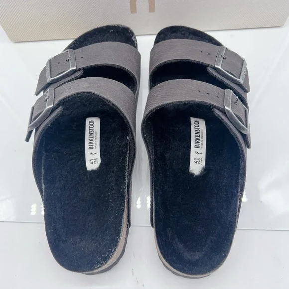 Birkenstock Arizona Shearling Synthetics Desert Dust Black Sandal Womens EU 41
